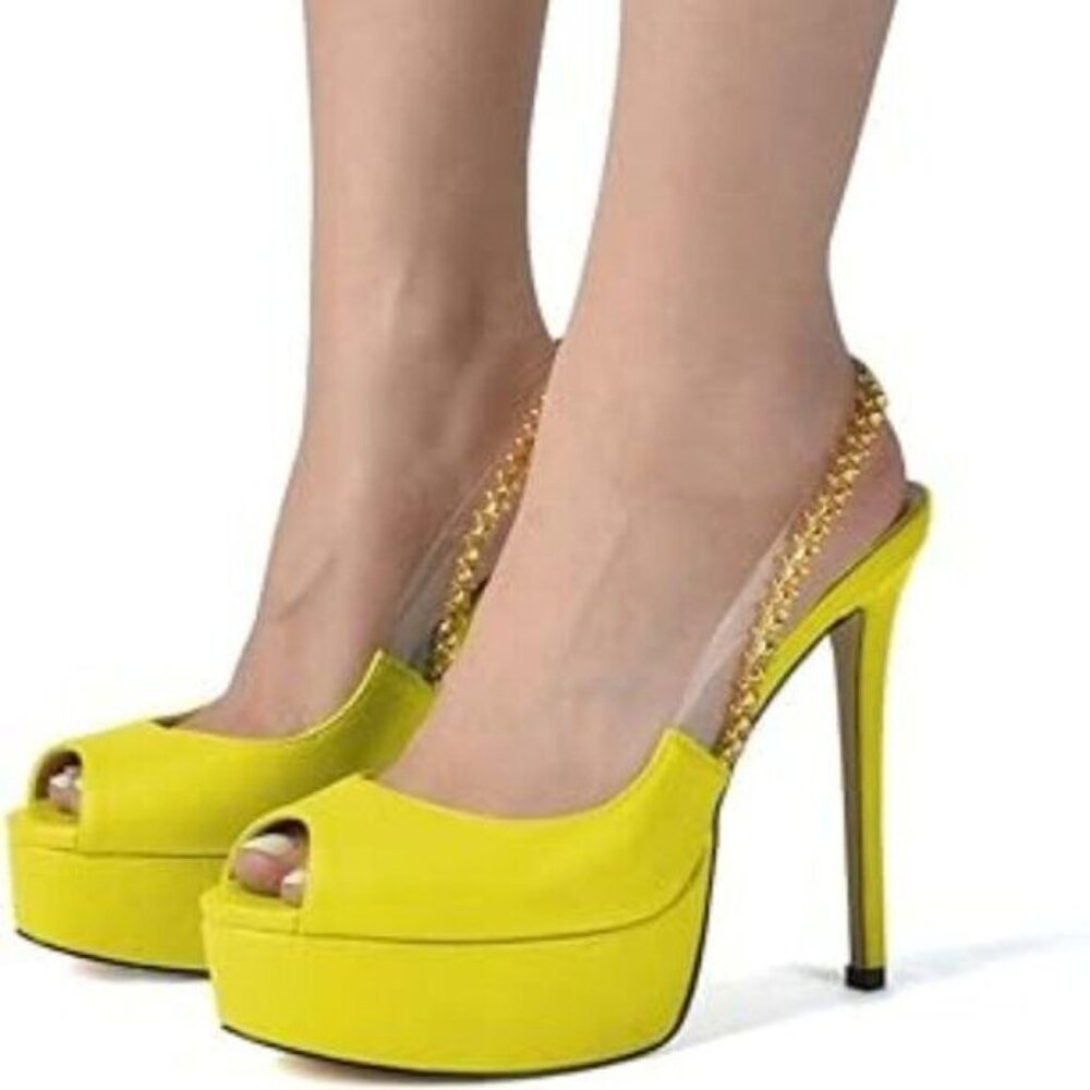 XYD Women Metal Chain Slingback Strappy Platform High Heel Sandals Sexy Peep Toe